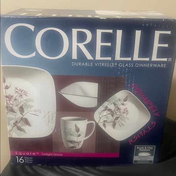 Vintage CORELLE 16 pc Plate Square Set TWILIGHT GROVE  NEW IN BOX 2010 - Picture 6 of 6
